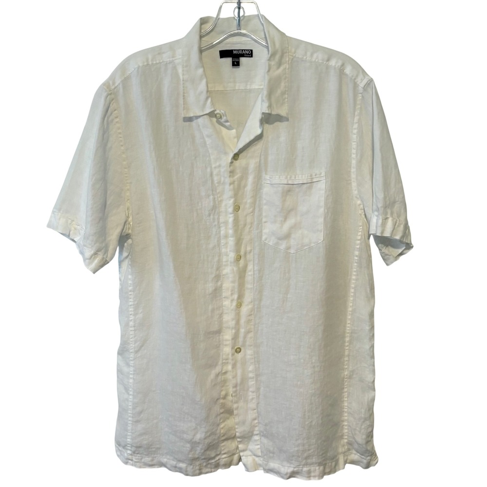Murano Men's White Linen Short Sleeved Casual Button Front Shirt in Size L‎